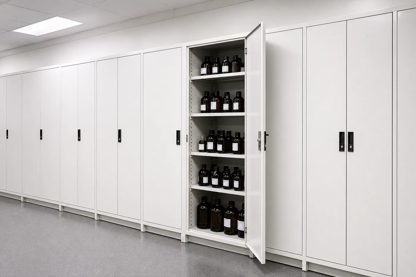Row of full-height laboratory storage cabinets, one open to show reagent bottles