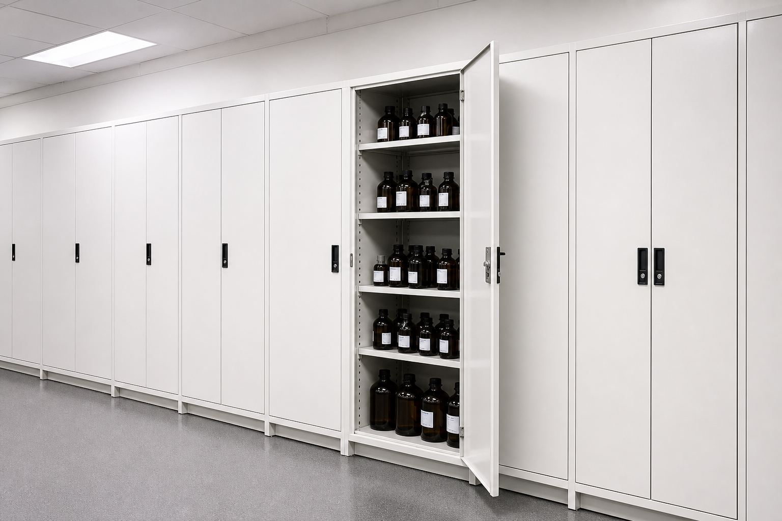 Row of full-height laboratory tall storage casework cabinets with locking doors along a lab wall