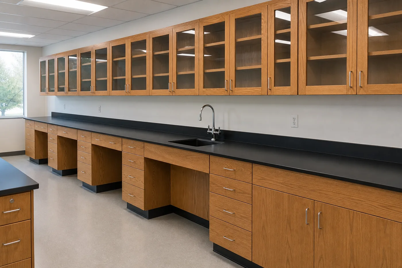 Laboratory casework with black epoxy work surfaces and glass-front wall cabinets