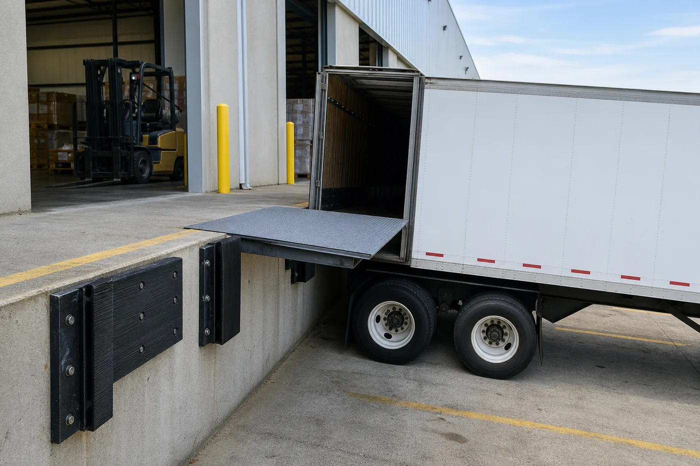 Semi trailer at a loading dock with an edge-of-dock leveler bridging the gap and laminated dock bumpers on the dock face