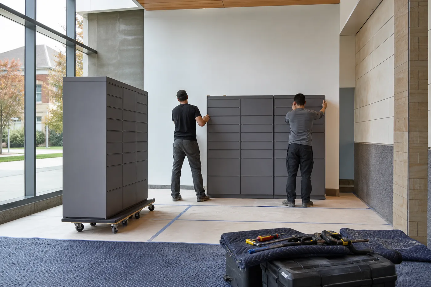 Installers positioning modular storage cabinets in a campus building lobby