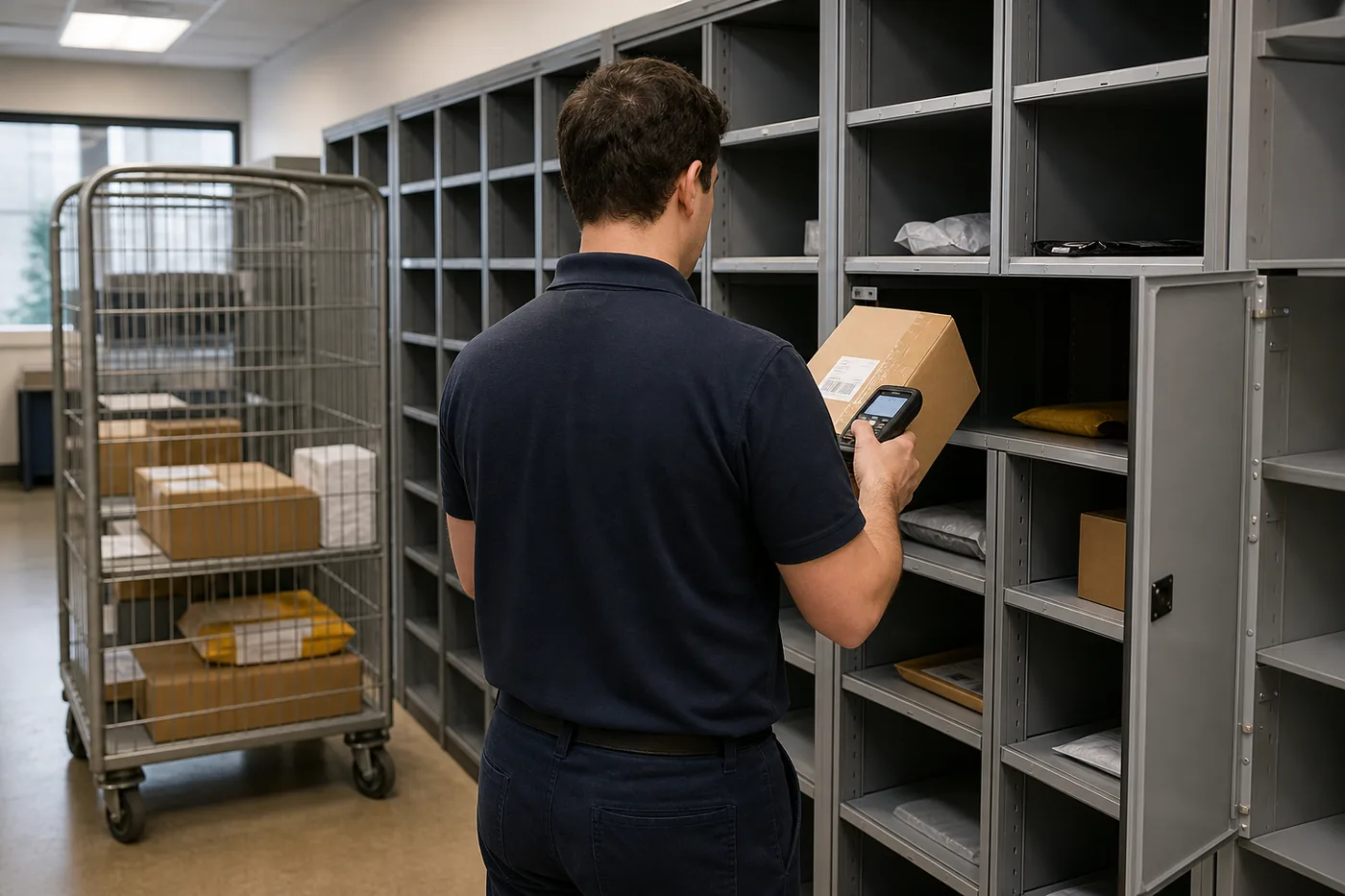 Mail centre staff member scanning a parcel label at steel pigeonhole shelving with a cage cart of packages