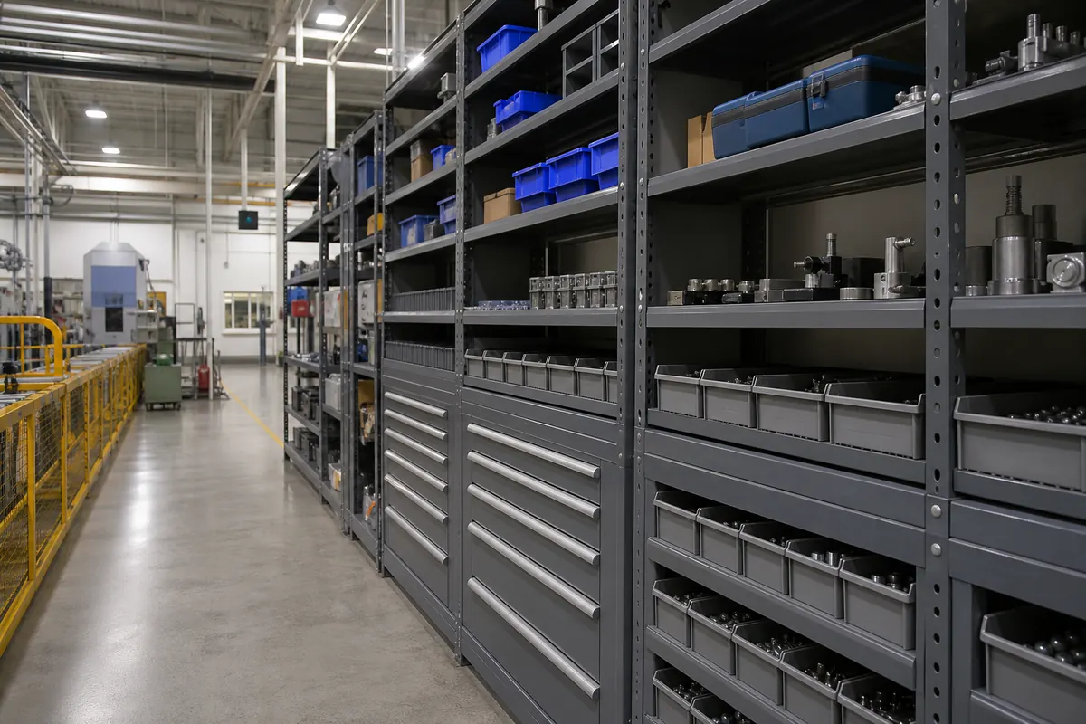 Heavy-duty steel industrial shelving and modular drawer cabinets storing tools and parts in a manufacturing plant