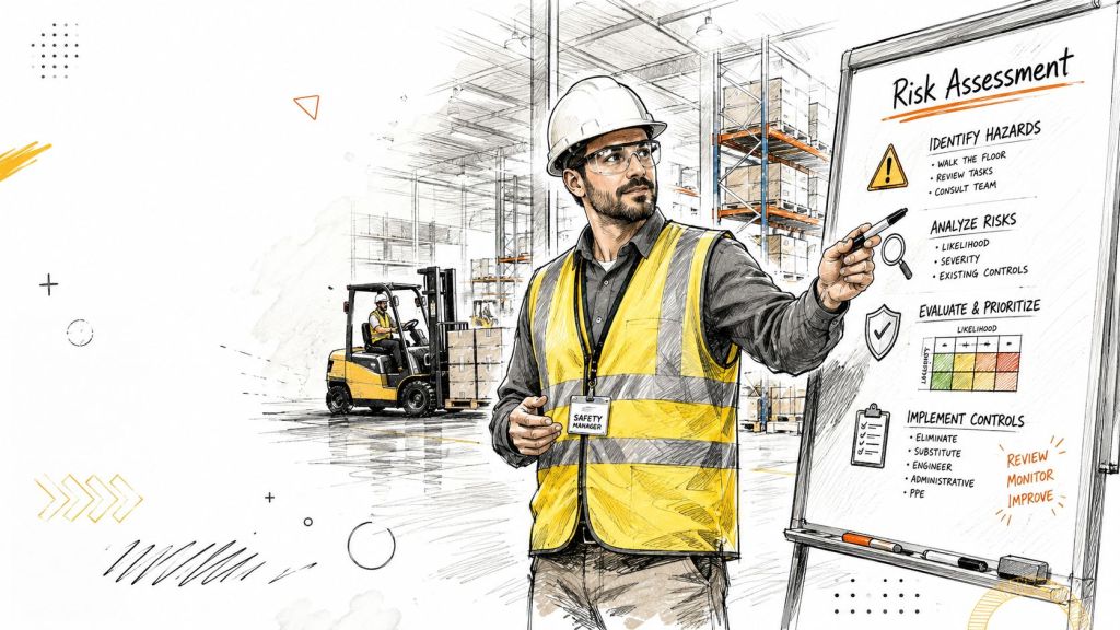 A safety manager points to a risk assessment chart in a warehouse with a forklift nearby.