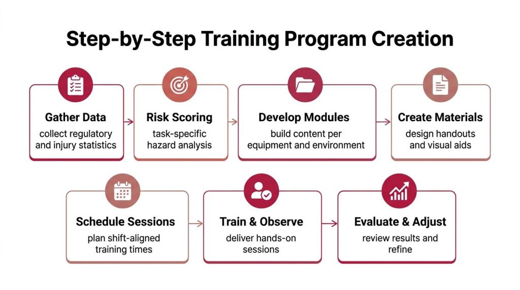 A process flowchart illustrating seven steps for creating a structured workplace safety training program.