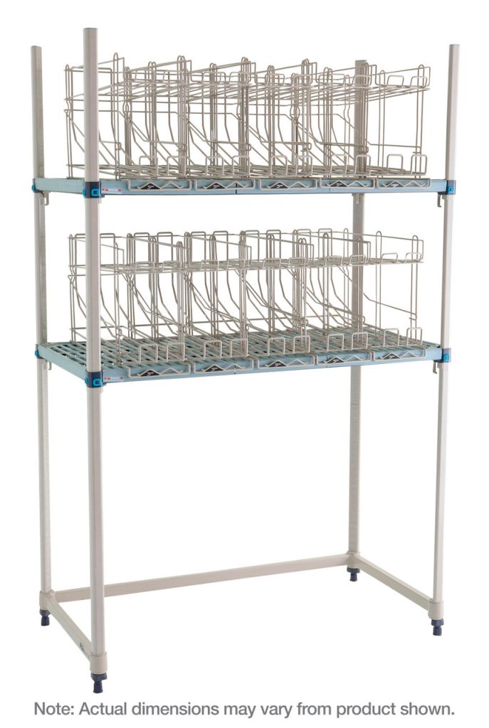 Polymer industrial shelving unit with a roll-under can rack base