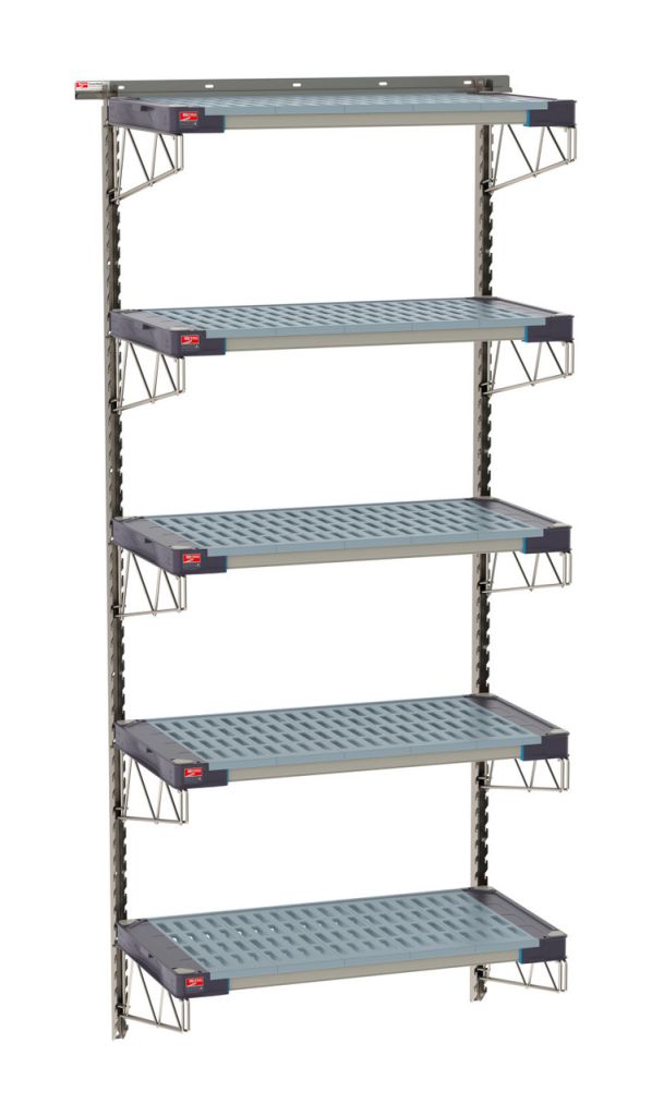 Five tier wall mounted shelving kit that frees up floor space