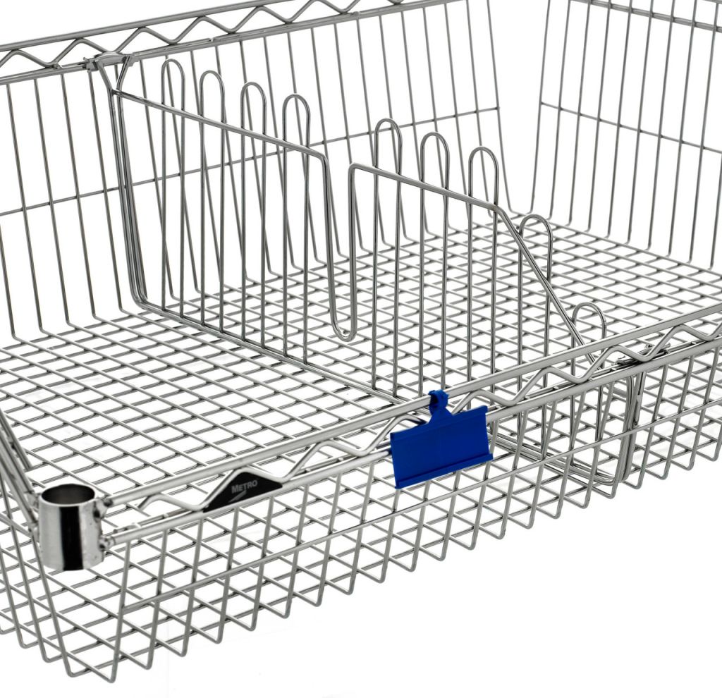 Metro Super Erecta chrome shelf divider that splits a wire basket shelf into bins
