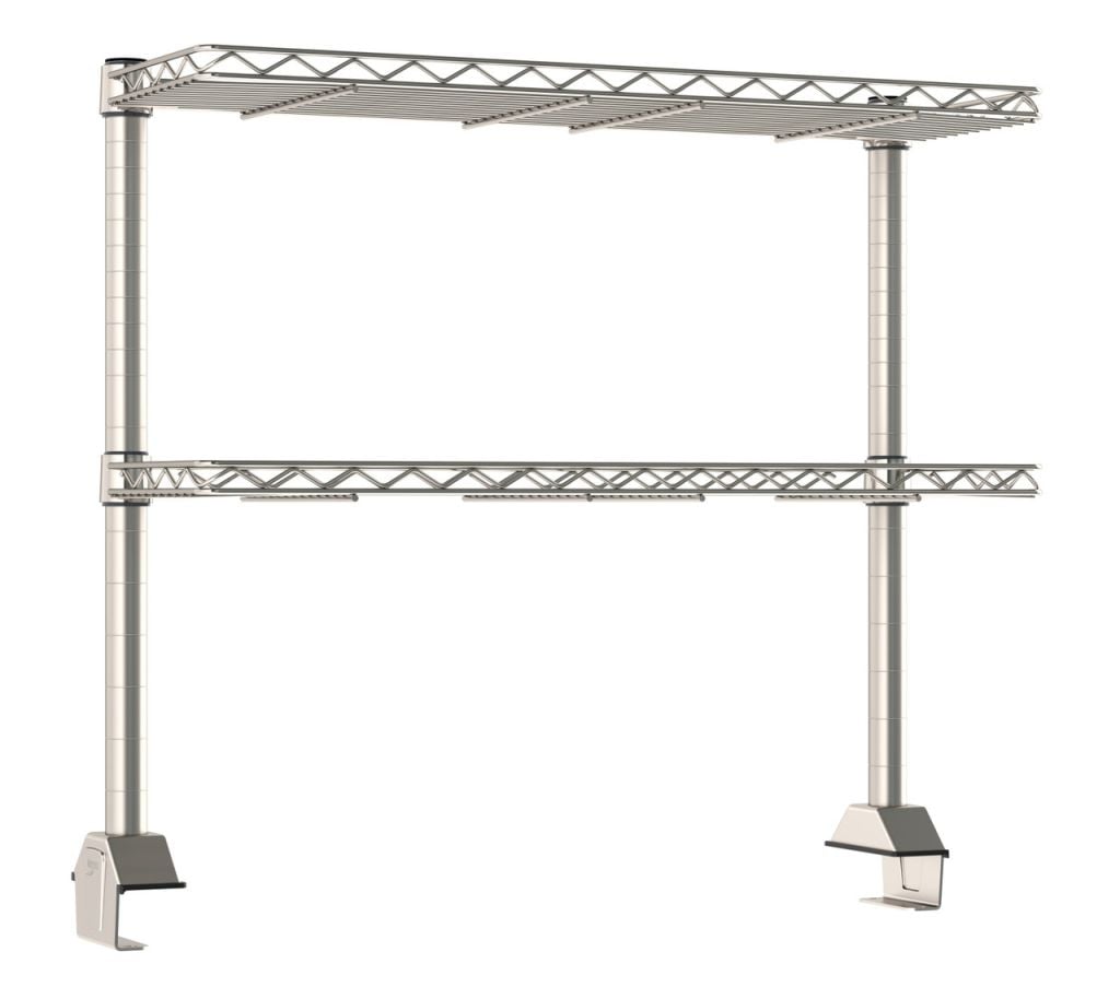 Metro TableWorx productivity riser with cantilevered wire drop mat overshelves above a bench