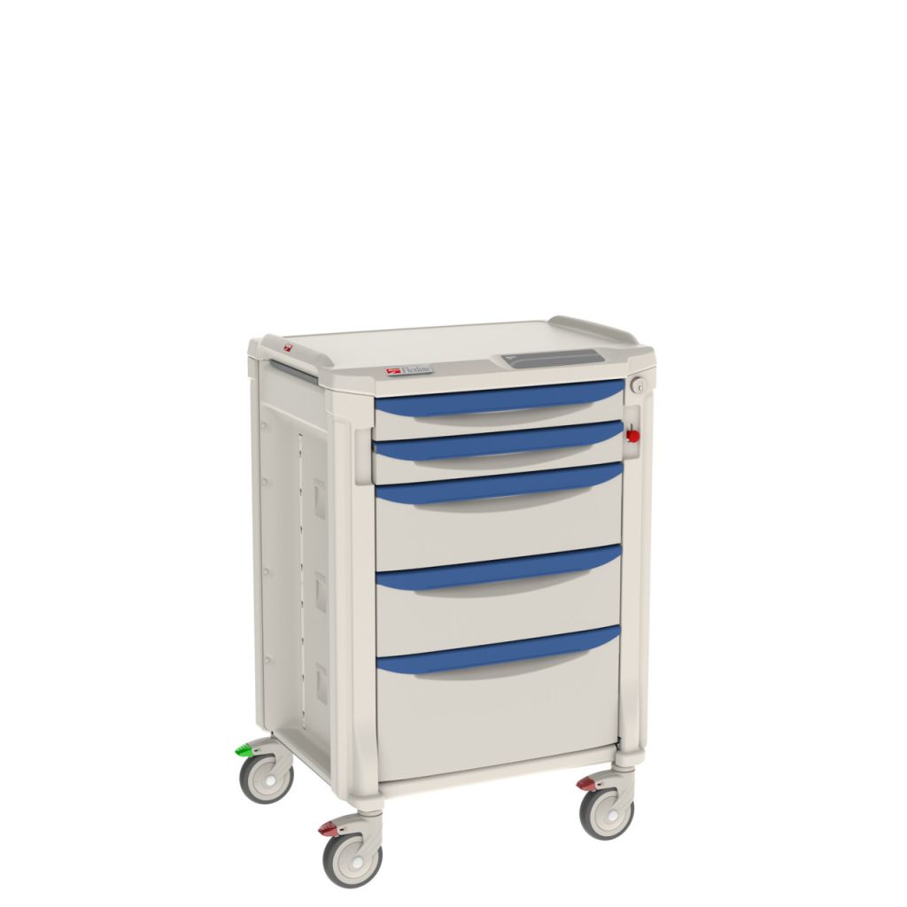 Emergency code cart with drawer bank and defibrillator worksurface
