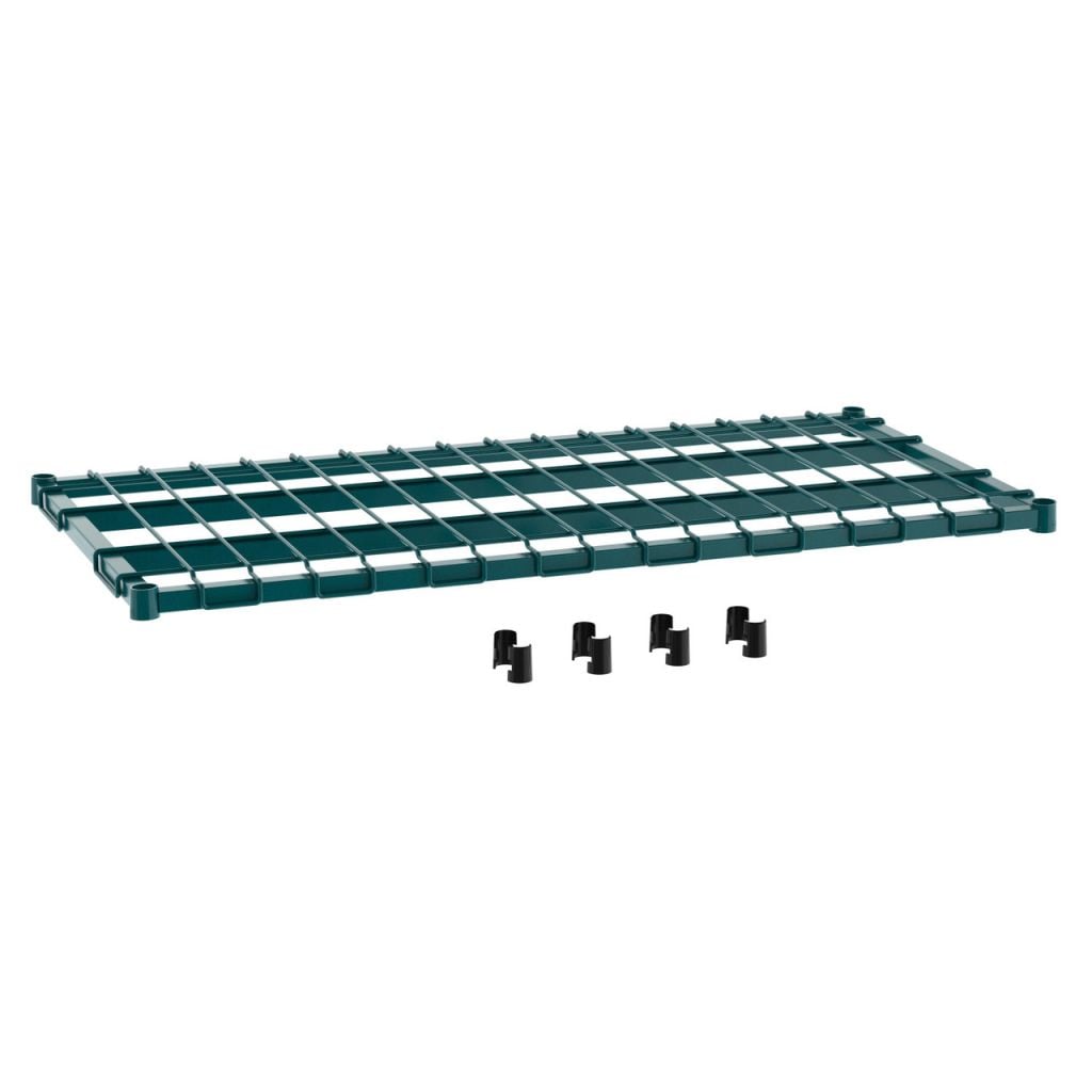 Green epoxy-coated shelving for humid supermarket cooler and produce storage rooms