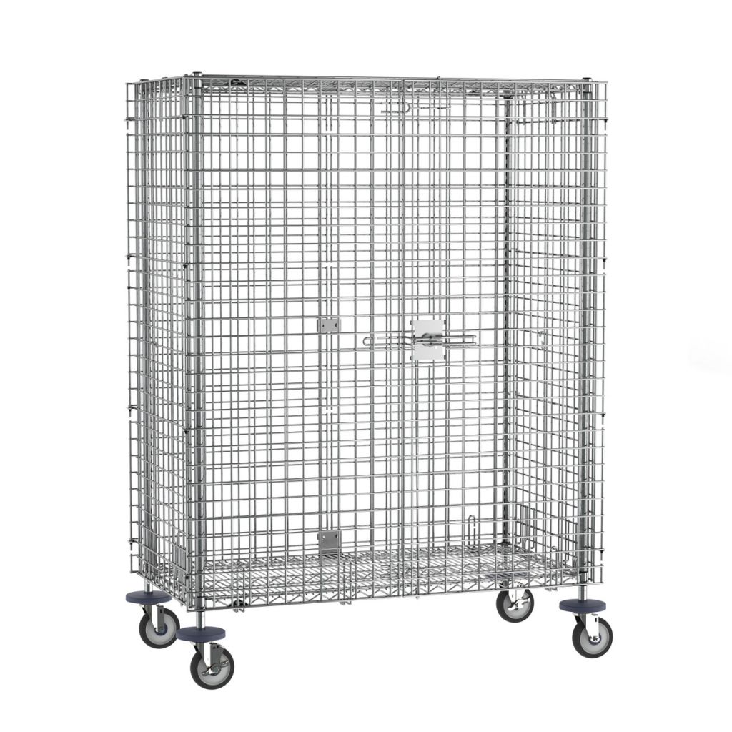 Metro qwikSLOT mobile security shelving unit in chrome with locking enclosure