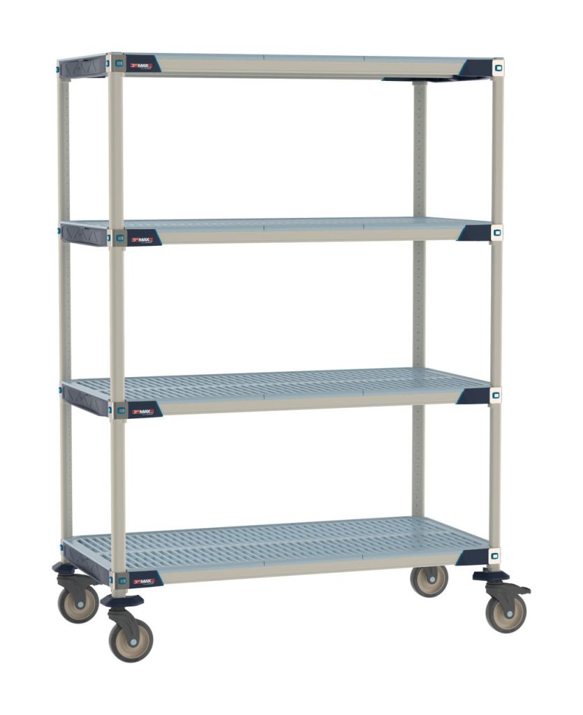 MetroMax i mobile polymer shelving unit with open-grid removable shelf mats
