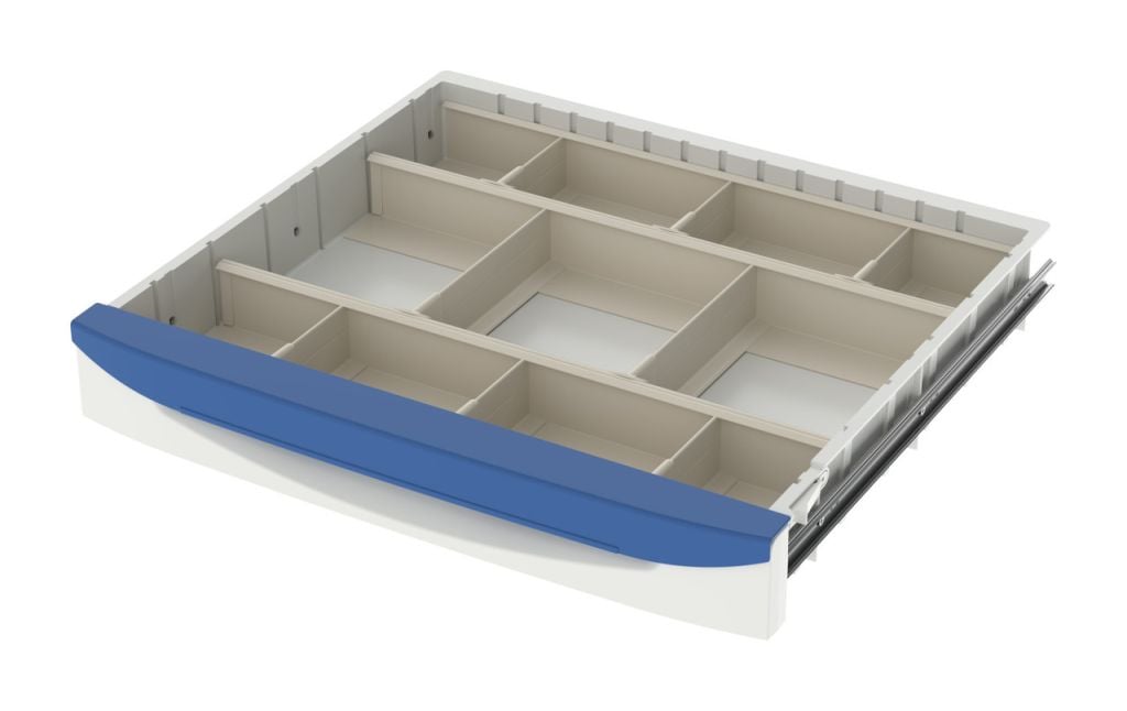 Adjustable drawer divider kit organizing medical cart supplies
