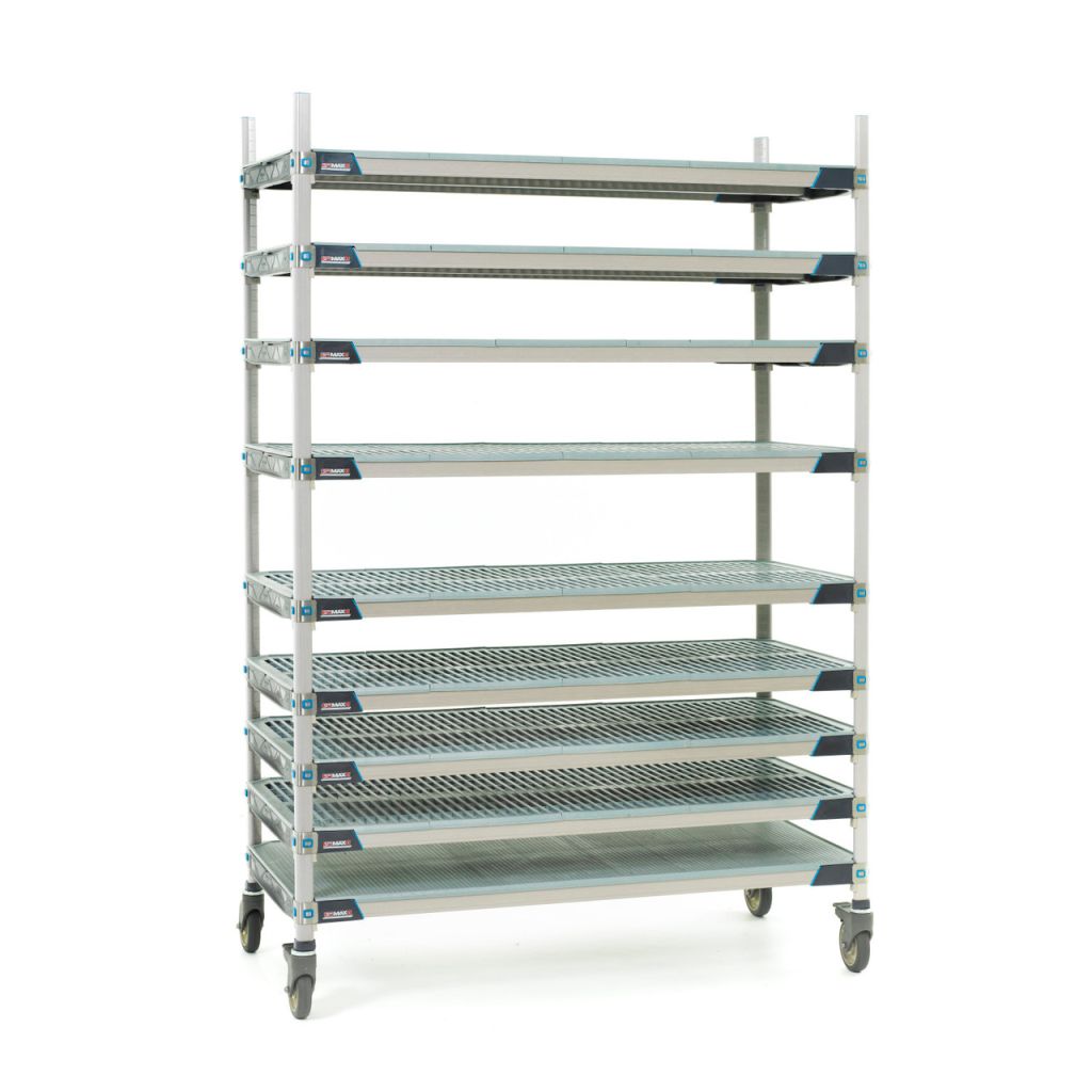 Nine-shelf mobile polymer shelving unit for sterile processing storage