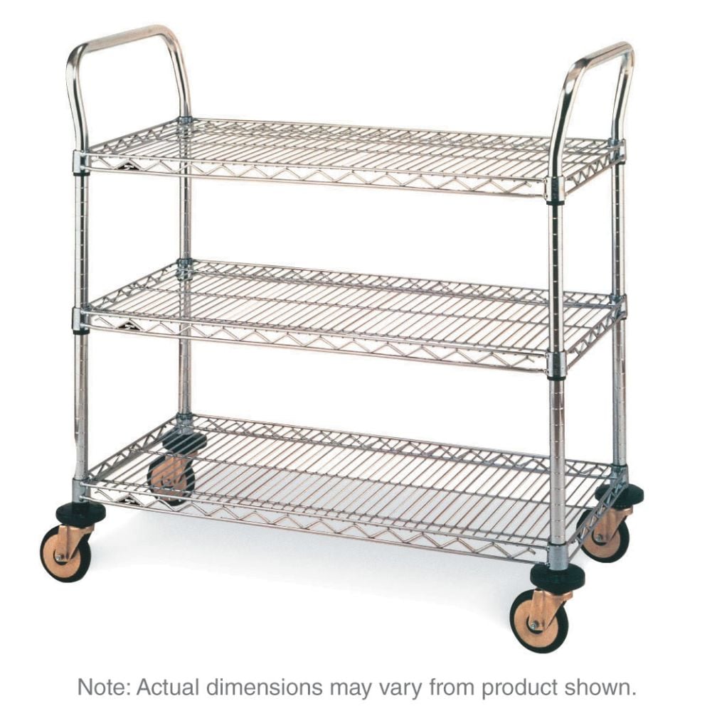 Three-shelf utility cart for moving grocery stock from receiving to the sales floor