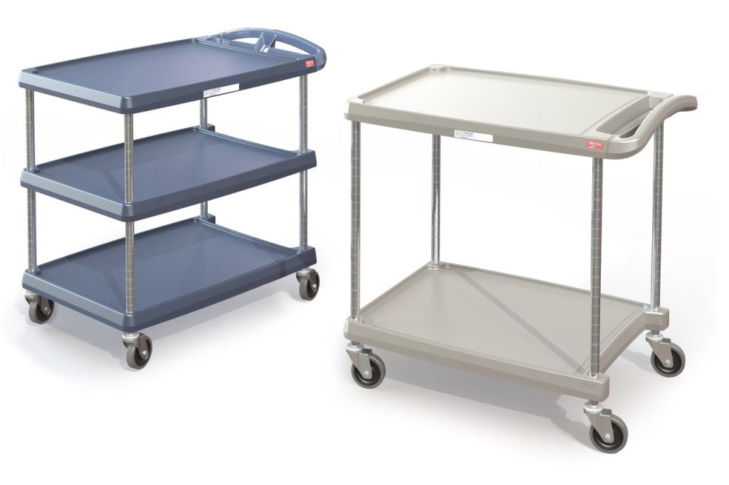 Metro myCart Series three-shelf polymer utility cart with tubular handle