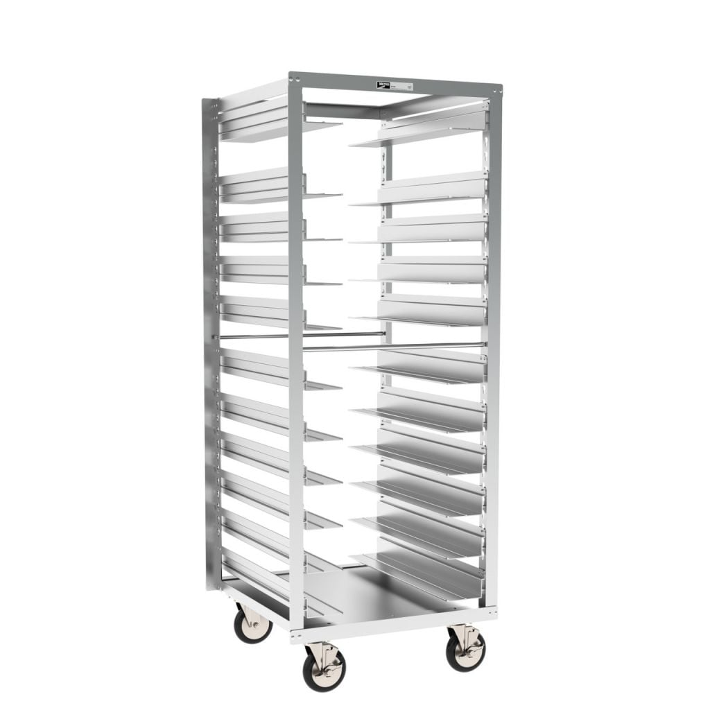 Roll-in refrigerator pan rack with adjustable slides for retail bakery dough storage