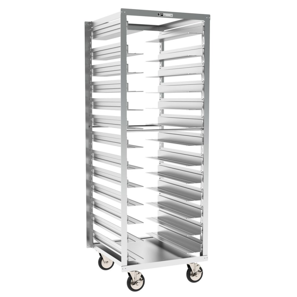 Pan rack with adjustable slides showing how pan spacing is set by product height