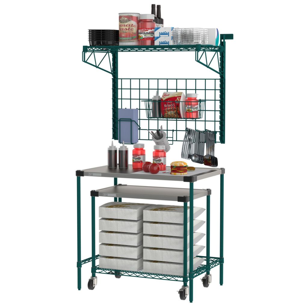 Stainless prep table with wall shelving system for supermarket deli and produce prep