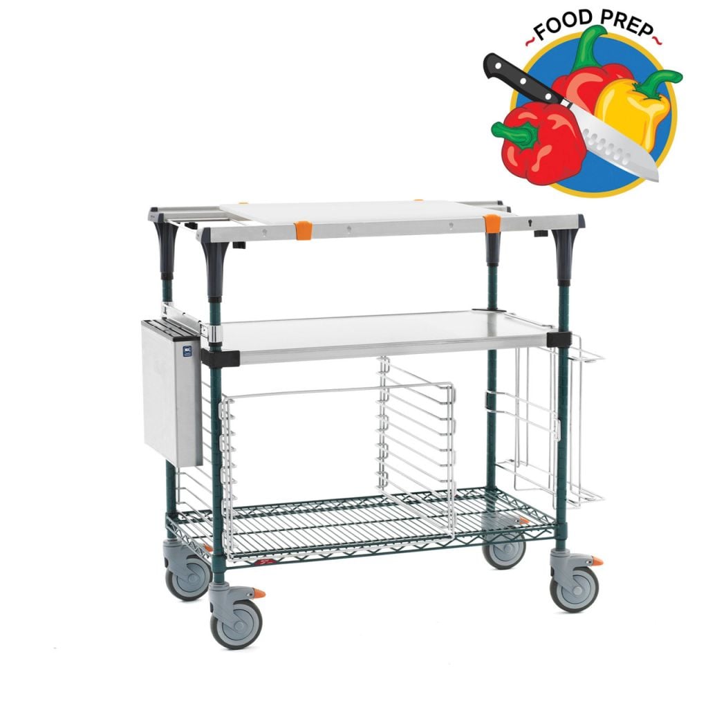 Stainless steel prep station with solid top shelf for commercial kitchens