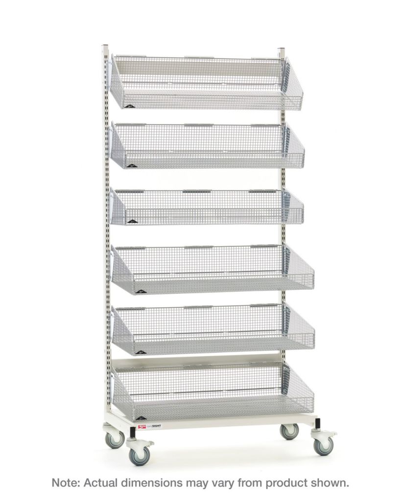 Mobile basket shelving unit for front-end and checkout area grocery stock