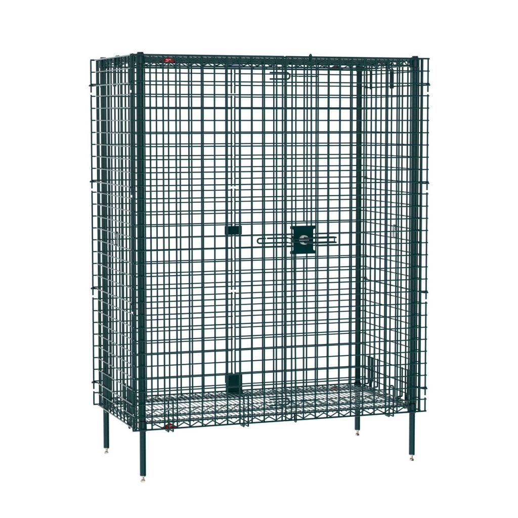 Metro stationary security shelving unit with hinged door in Metroseal green epoxy