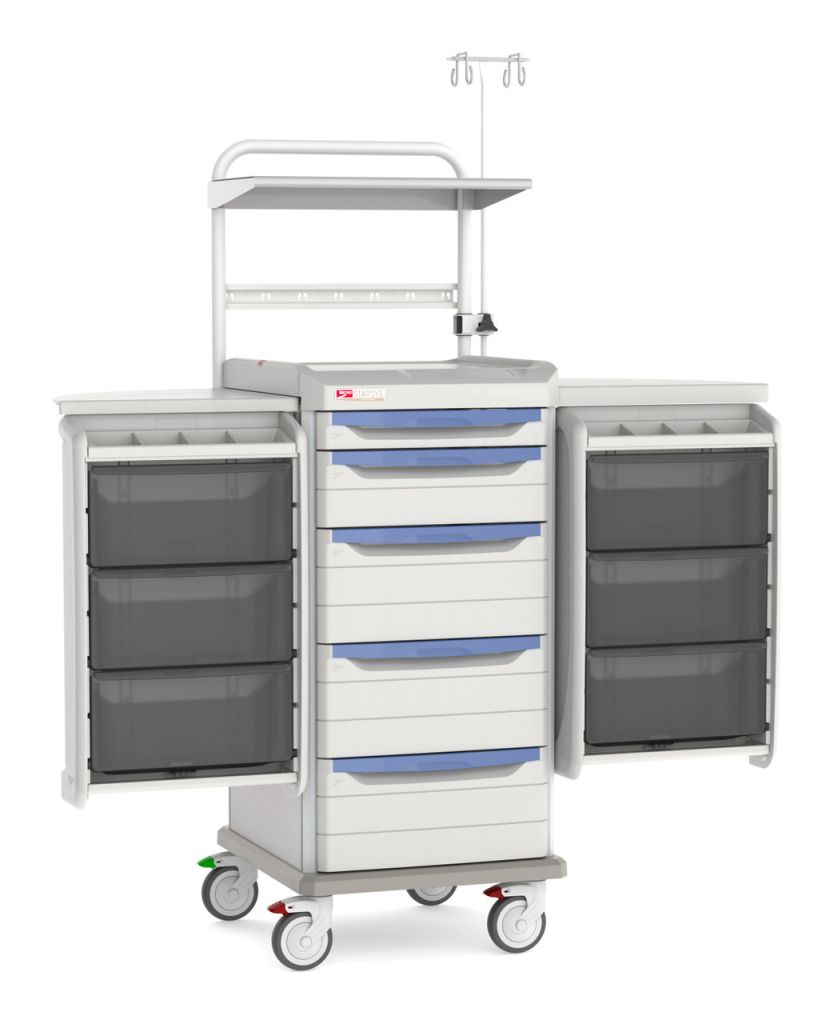 Biomedical cart with deep polymer drawers for clinical equipment transport