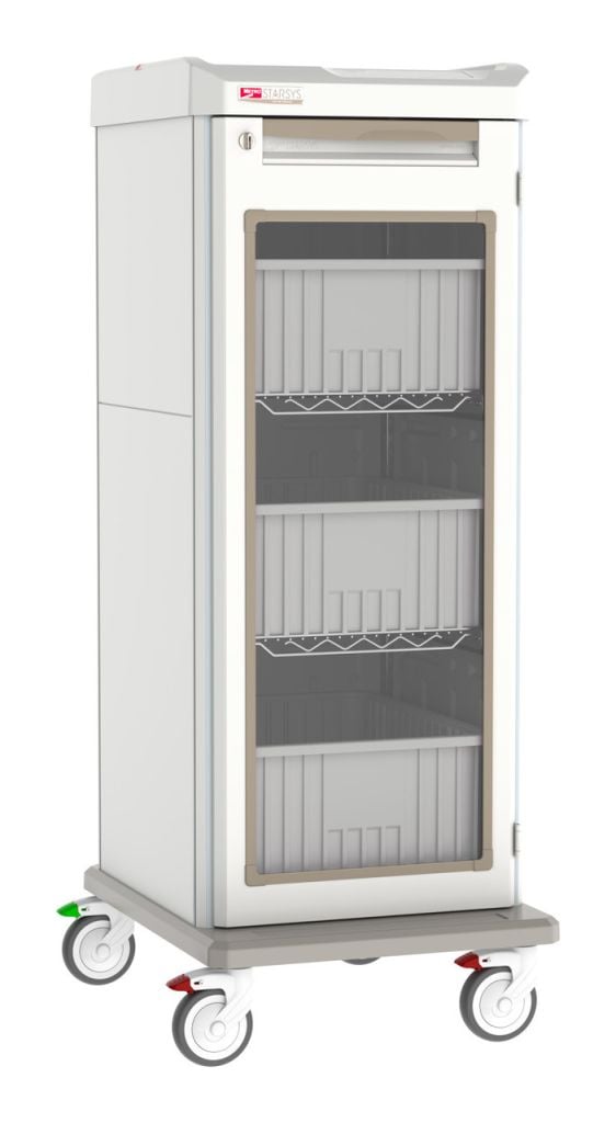 Secure IV storage cart with locking doors for supply control