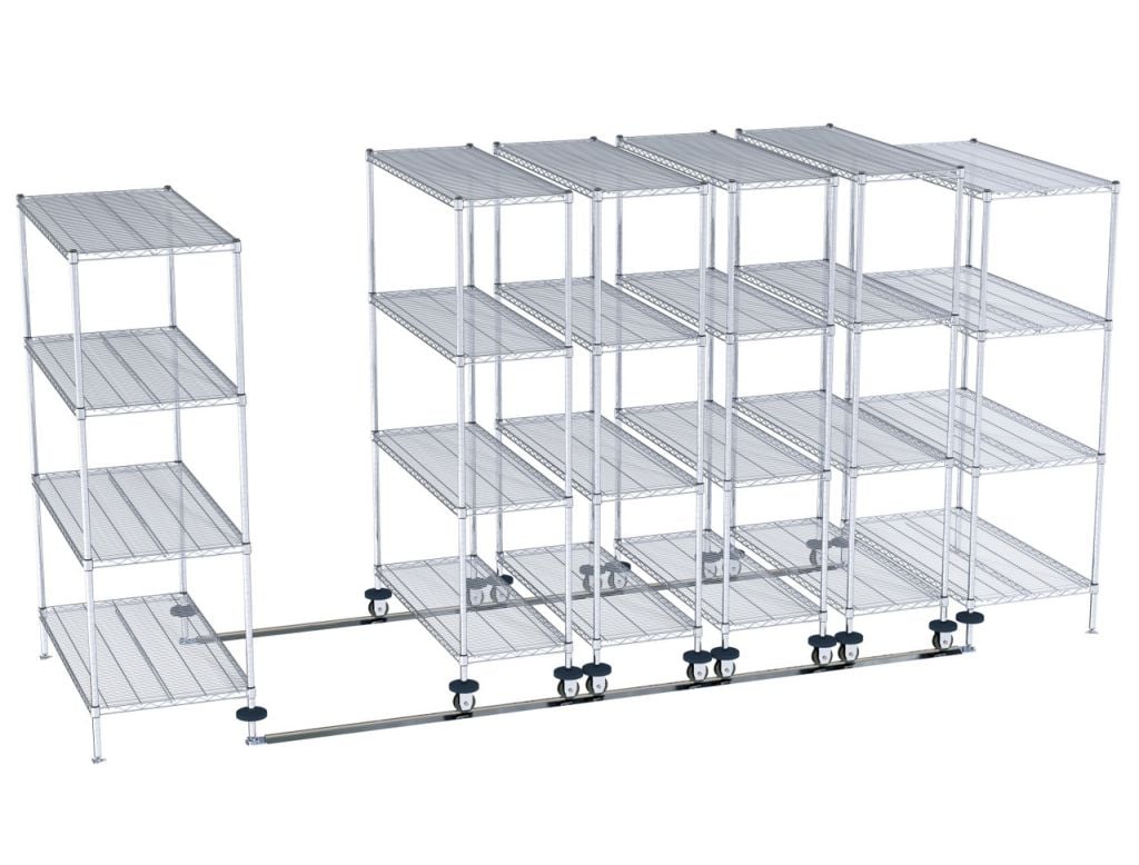 Metro qwikTRAK floor track high-density shelving with Super Erecta chrome wire shelves
