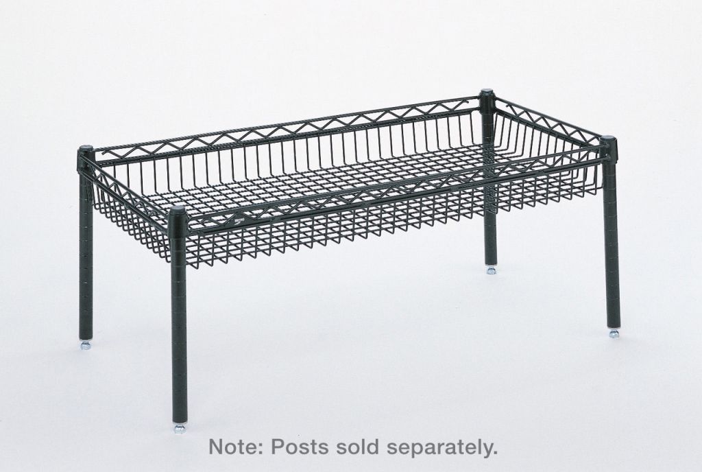 Wire basket shelf for loose grocery stock and bagged product in a supermarket stockroom