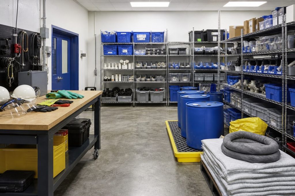 Organized maintenance storeroom at a water treatment plant with shelving, bins and drum containment