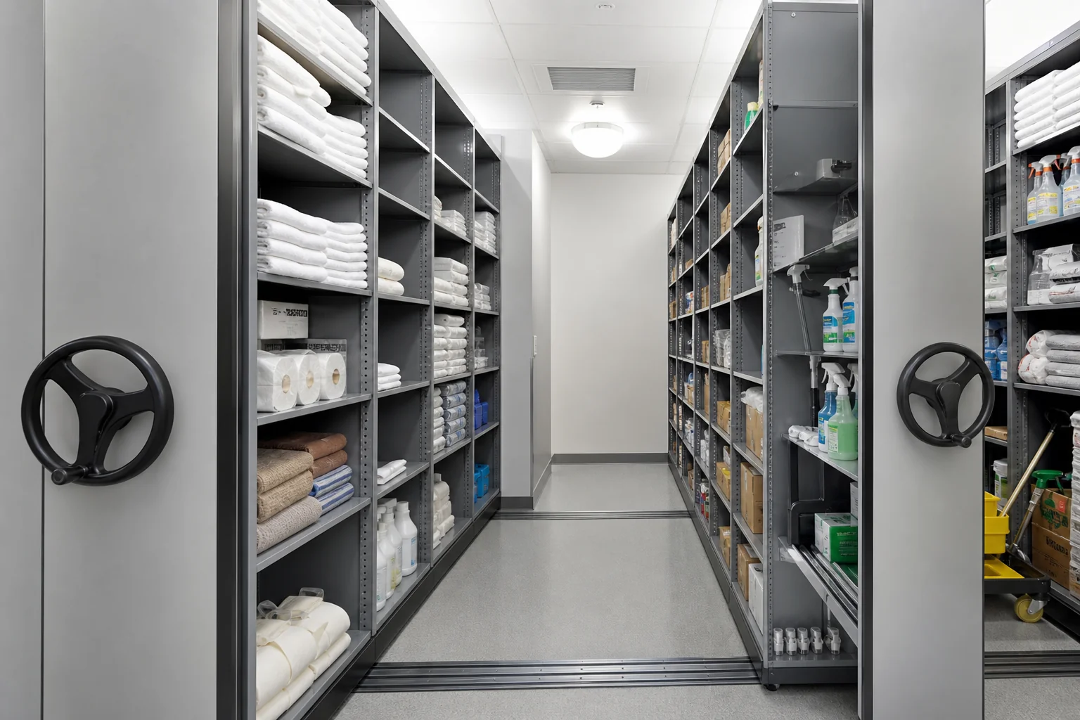 Open aisle between mobile shelving carriages storing hotel linens and housekeeping supplies