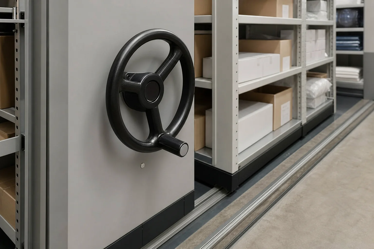 Mechanical-assist handwheel mounted on the end panel of a mobile shelving carriage in a storeroom