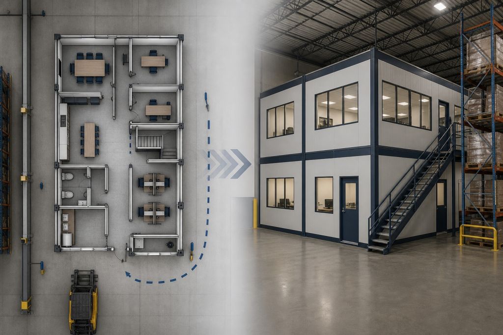 Conceptual floor plan and installed modular in-plant office shown as a design handoff