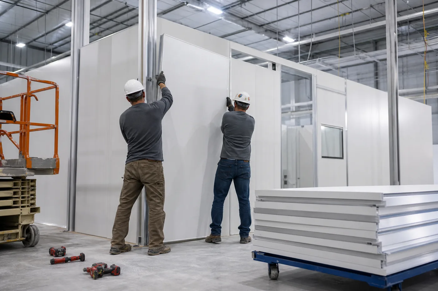 Installers fitting a modular cleanroom wall panel