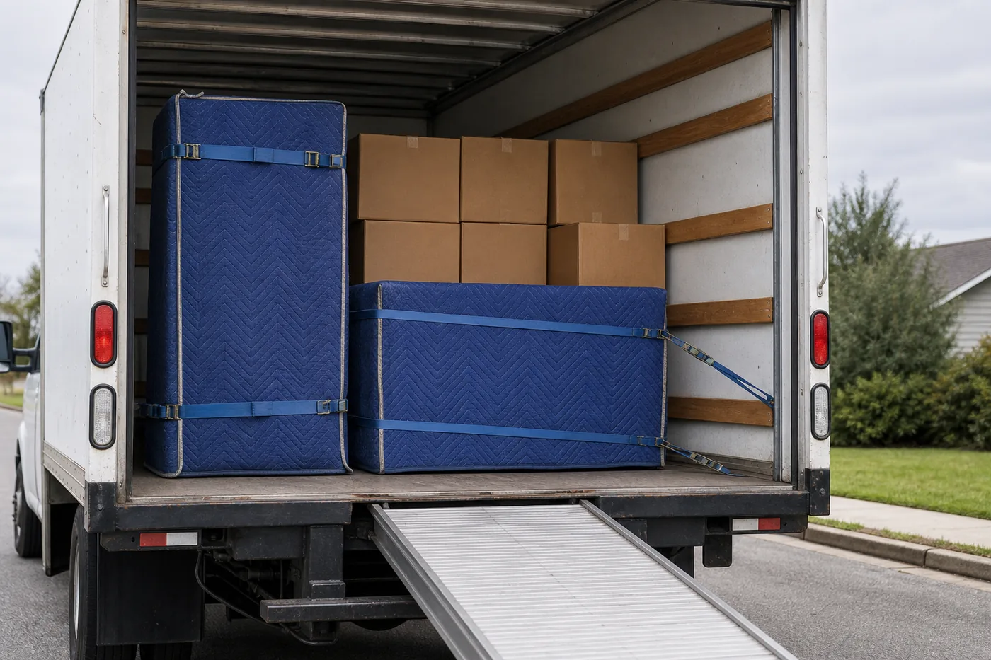 Office furniture wrapped in quilted moving blankets and strapped inside a box truck beside stacked cartons