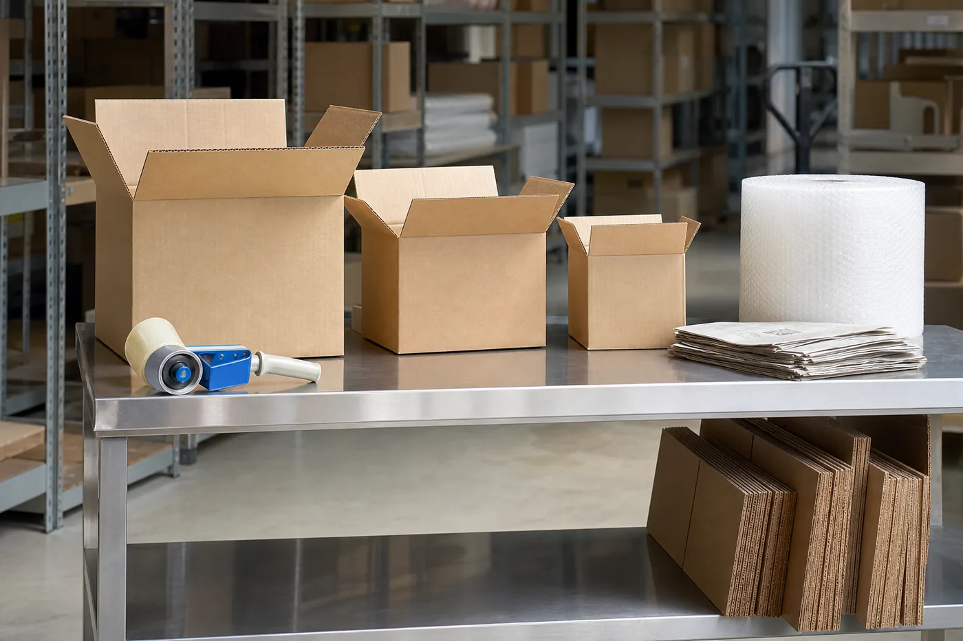 Warehouse packing station with several sizes of corrugated boxes, a tape dispenser, bubble roll and newsprint