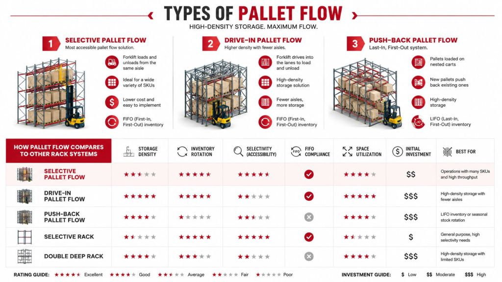 An infographic comparing three types of pallet flow systems and other rack configurations based on various performance metrics.