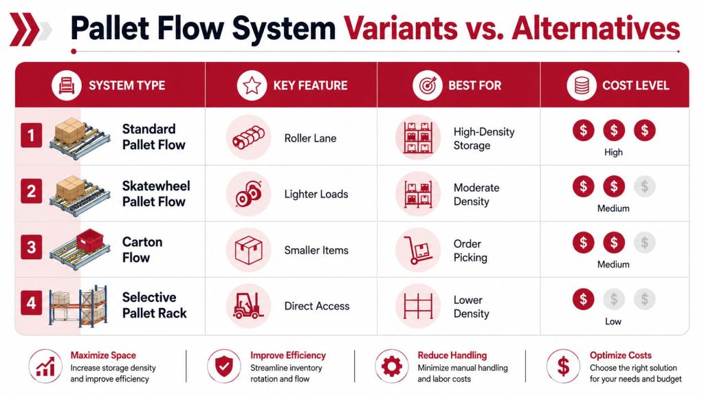 A comparison chart outlining different pallet flow rack systems, their key features, applications, and associated cost levels.
