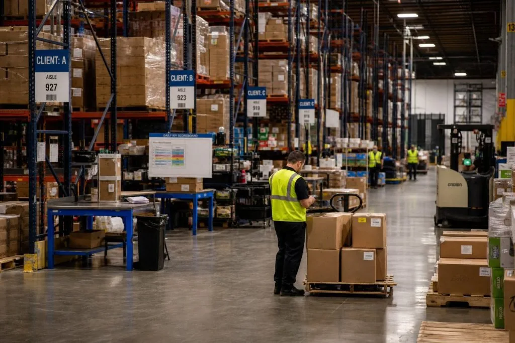 Selective pallet rack rows in a distribution warehouse with direct access to each pallet position.