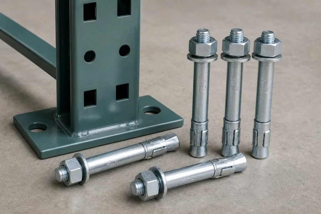 Concrete anchors beside a pallet rack upright base plate