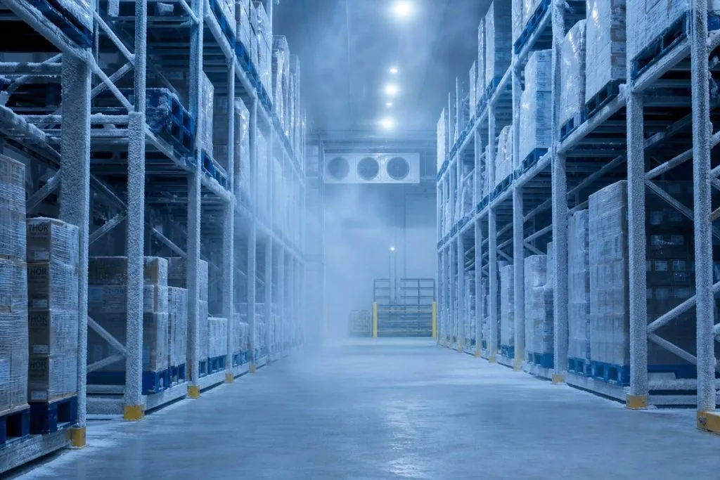Selective pallet rack holding pallets in a cold-storage warehouse