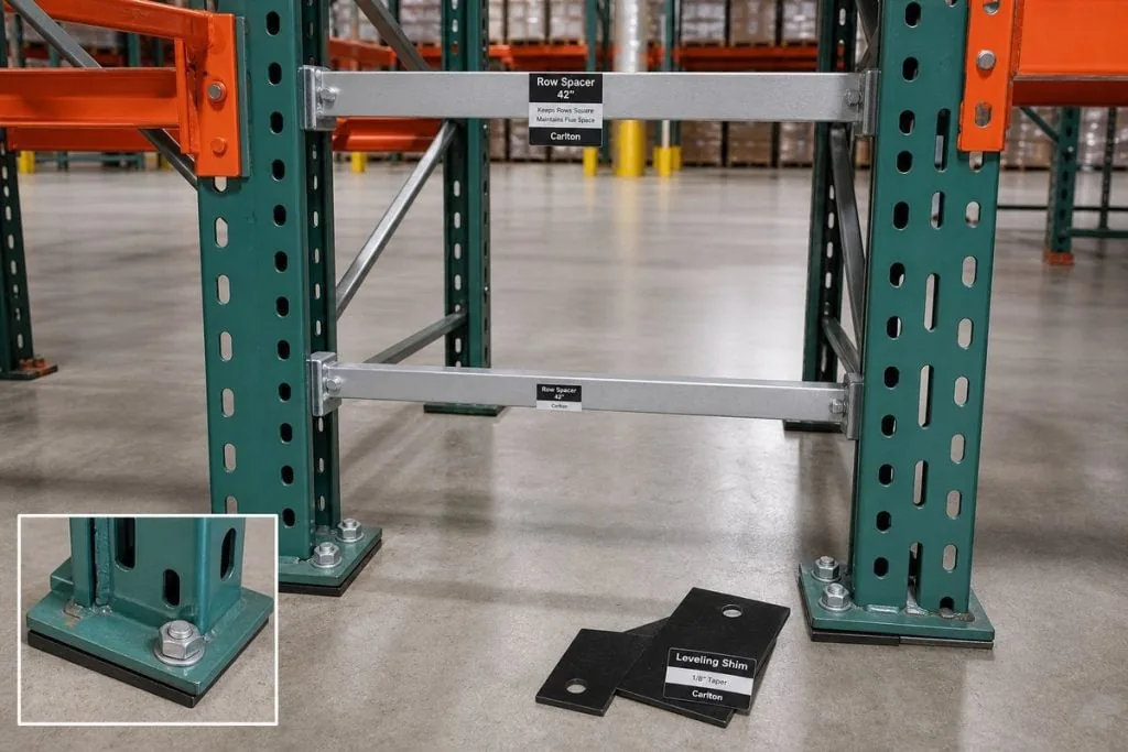 Row spacers and leveling shims tying back-to-back pallet rack frames