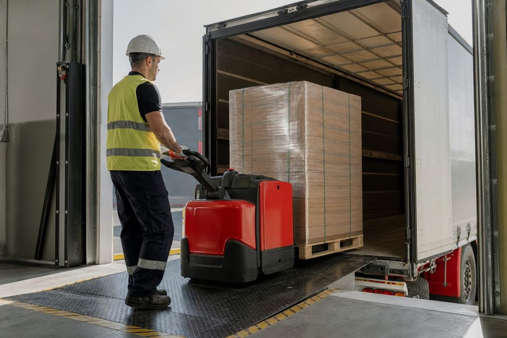 Warehouse worker in a safety vest using an electric pallet truck to load a wrapped pallet into a semi trailer at a loading dock