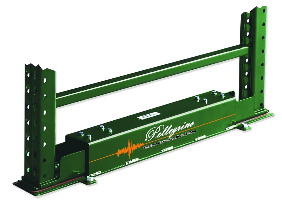 Pellegrino Seismic Base Isolation unit mounted between two pallet rack columns at the base of an upright frame