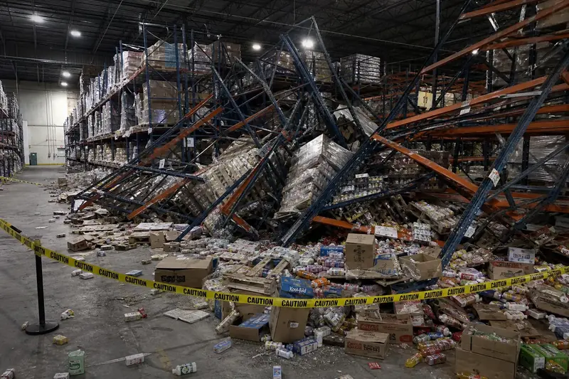 Forklift impact damage to a pallet rack bay requiring isolation and inspection
