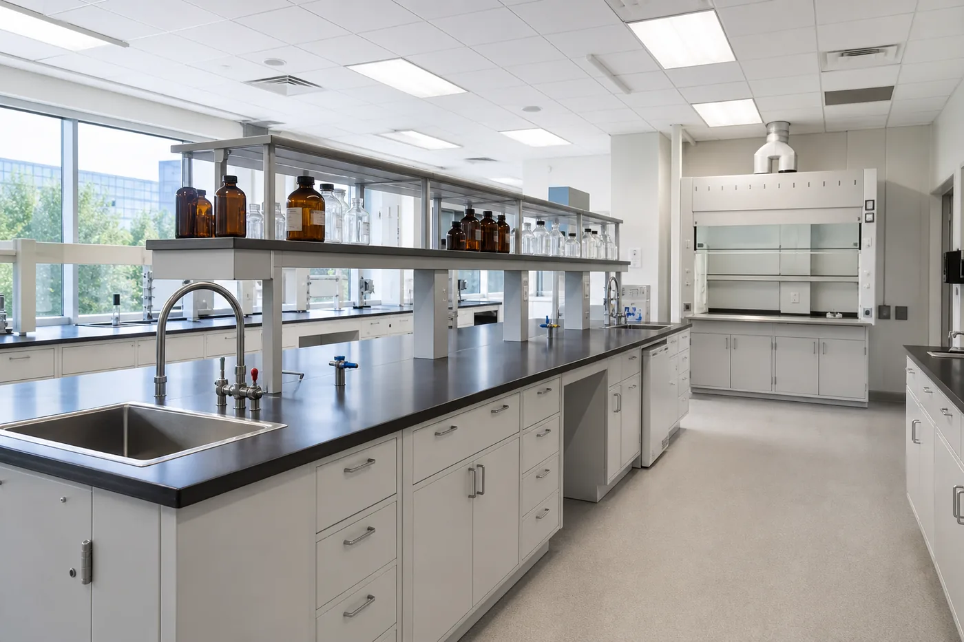 R&D chemistry laboratory with dark resin worktops, white base cabinets, a bench reagent shelf and a ducted fume hood on the back wall