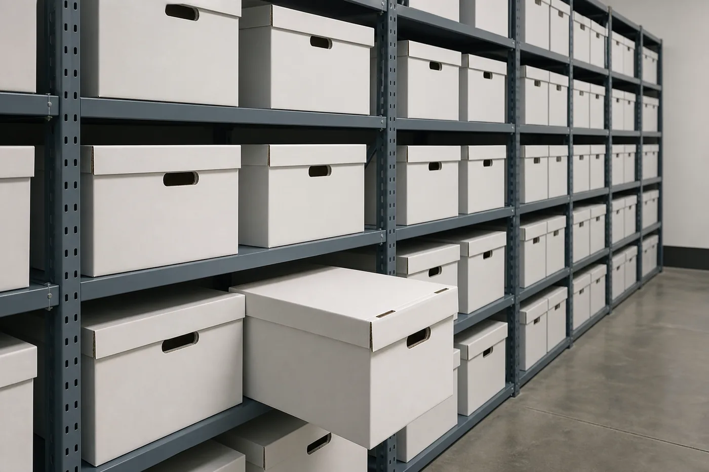 White corrugated file storage boxes with lift-off lids stacked on steel shelving in a records room