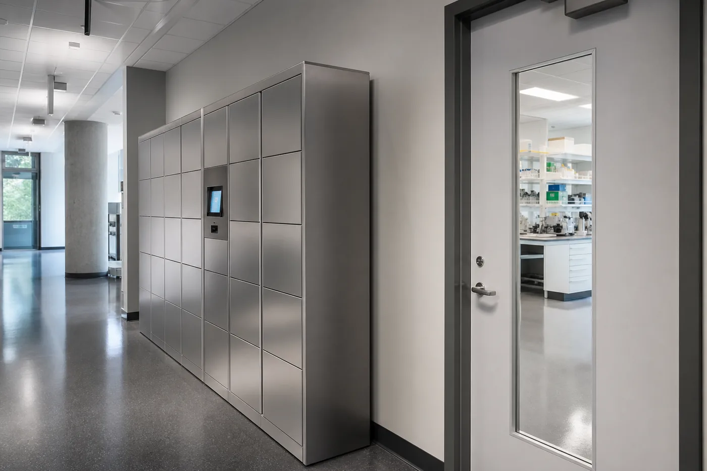 Secure delivery lockers in a research building corridor outside a laboratory